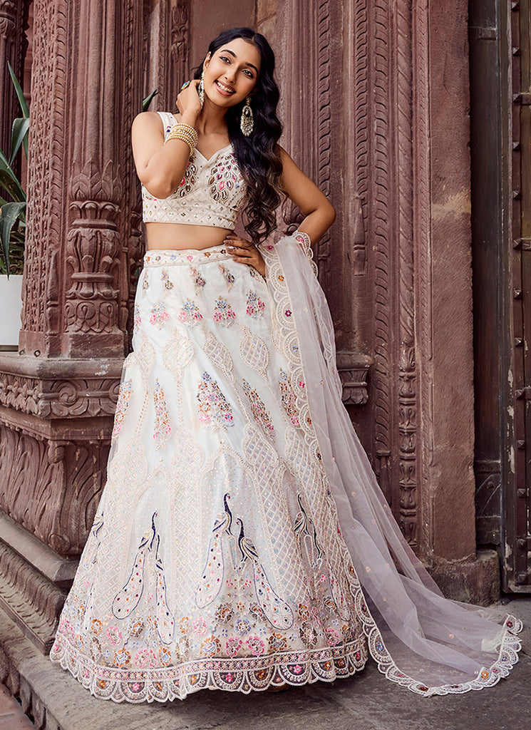 Pearl White Multi Embroidery Festive Lehenga Choli