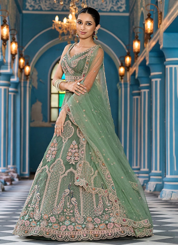 Sage Green Multi Embroidery Festive Lehenga Choli