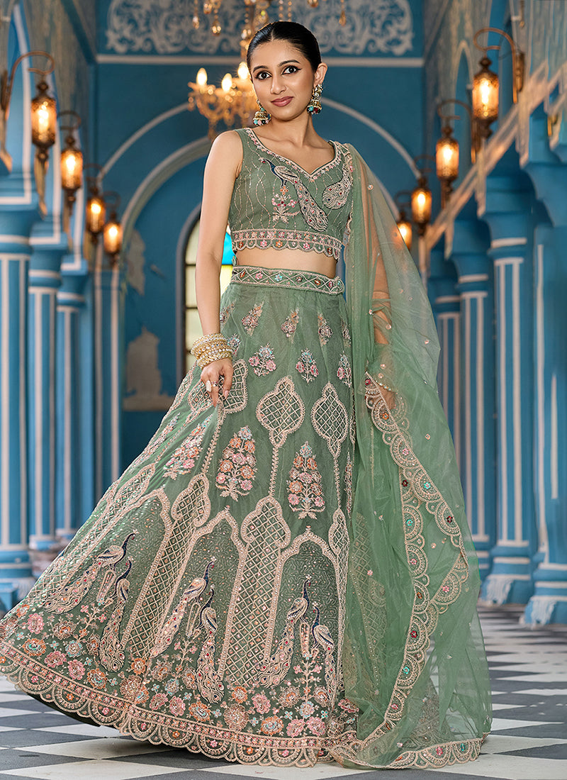 Sage Green Multi Embroidery Festive Lehenga Choli