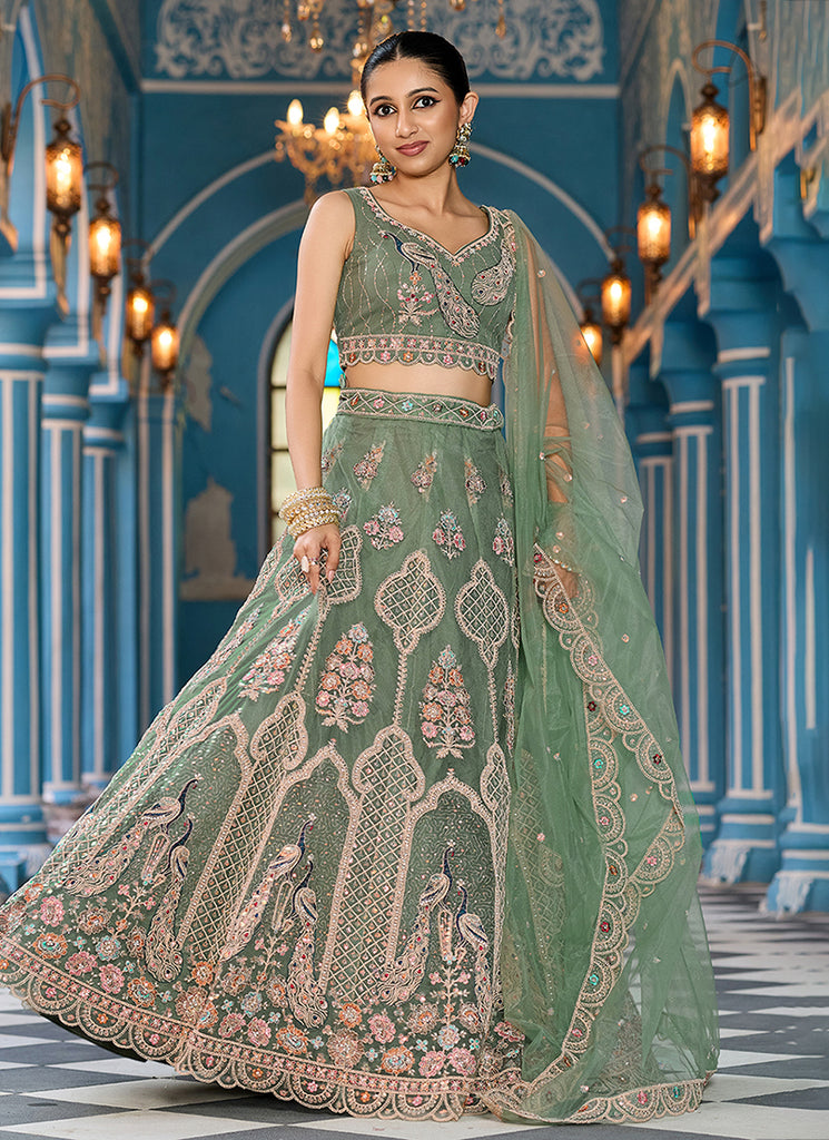 Sage Green Multi Embroidery Festive Lehenga Choli