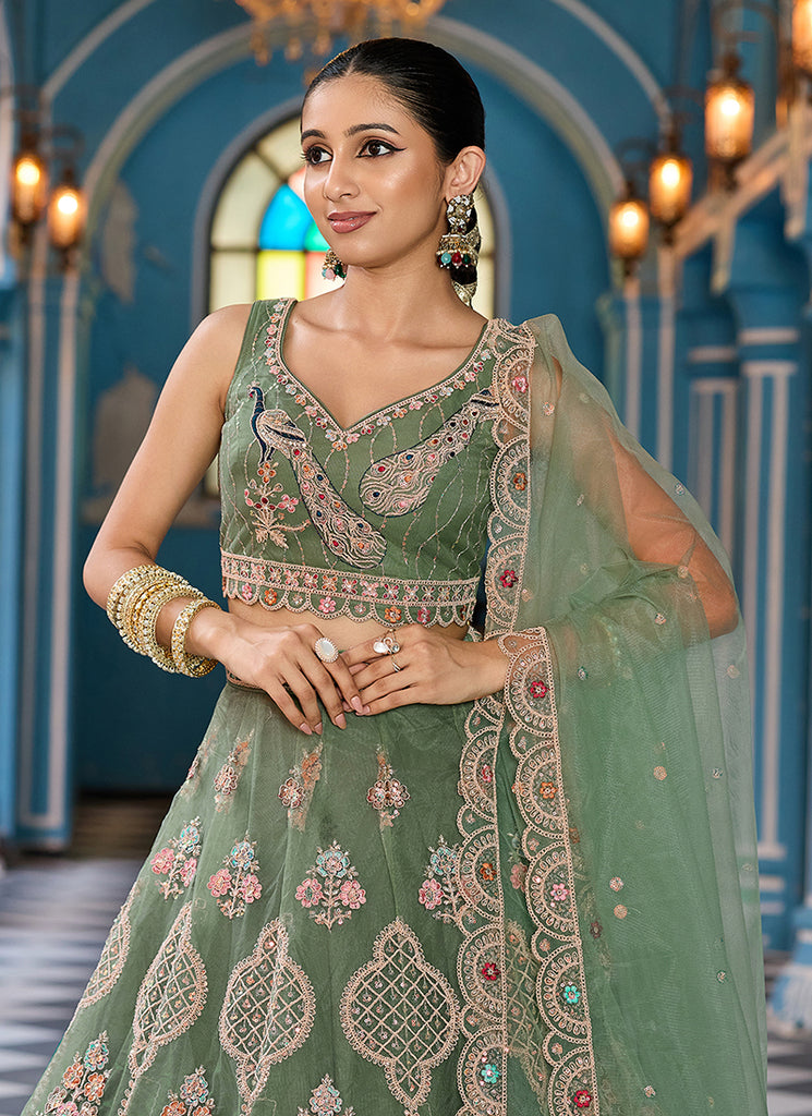 Sage Green Multi Embroidery Festive Lehenga Choli
