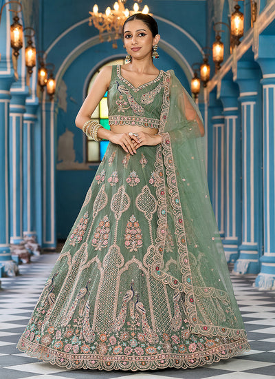 Sage Green Multi Embroidery Festive Lehenga Choli