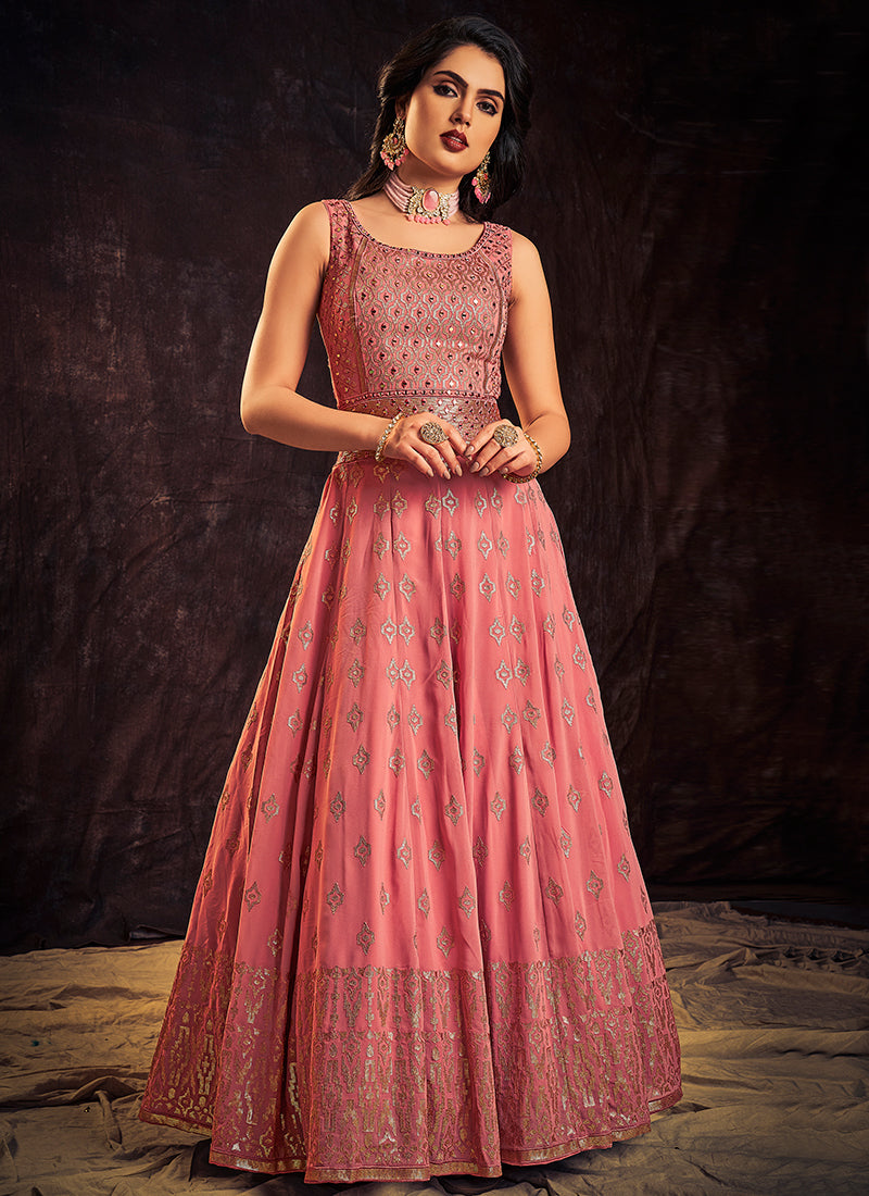 Rich Pink Mirror Work Embroidery Anarkali Gown