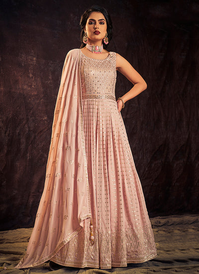 Light Pink Mirror Work Embroidery Anarkali Gown