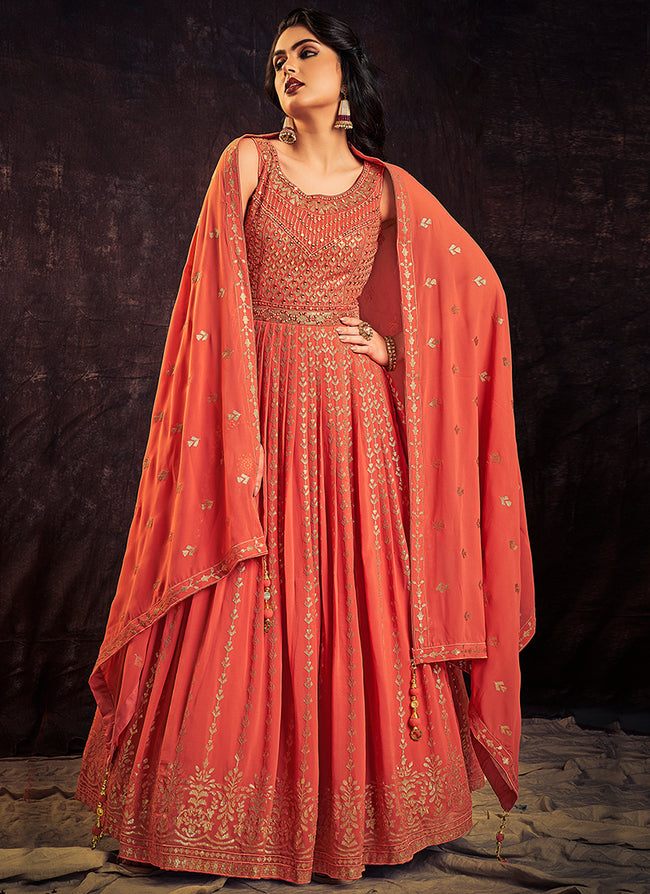 Orange Sequence And Mirror Work Embroidery Anarkali Gown