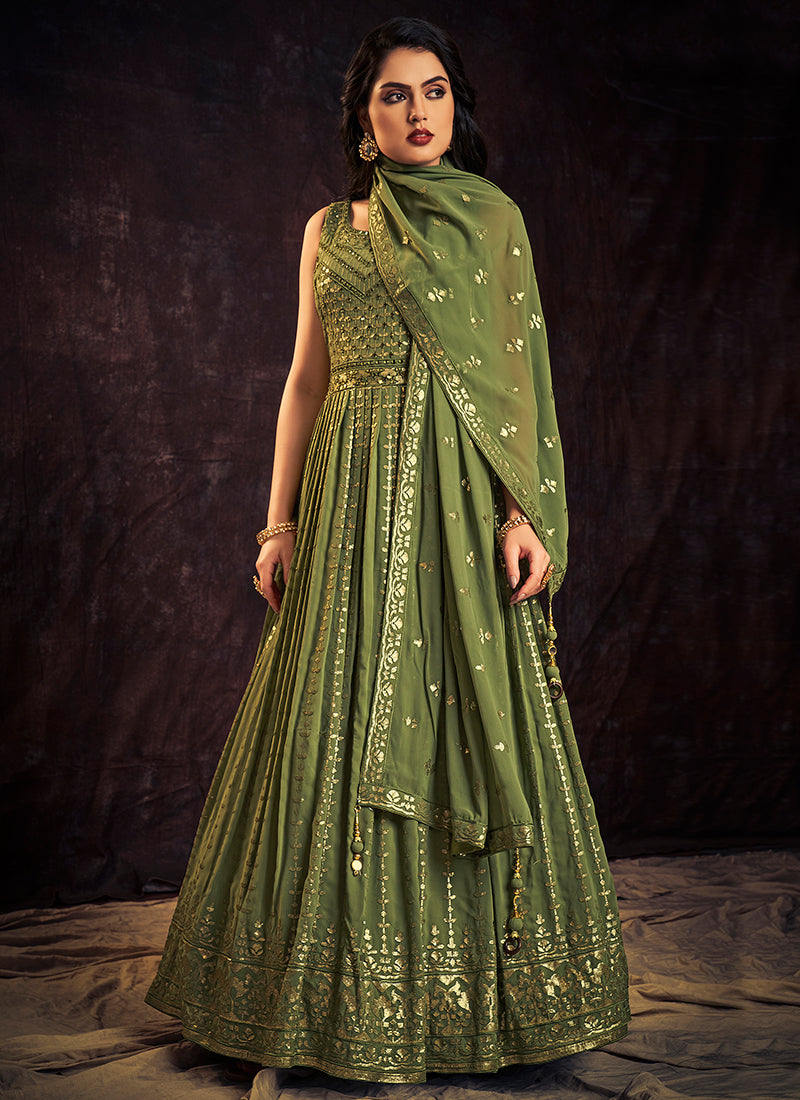 Green Sequence And Mirror Work Embroidery Anarkali Gown In America