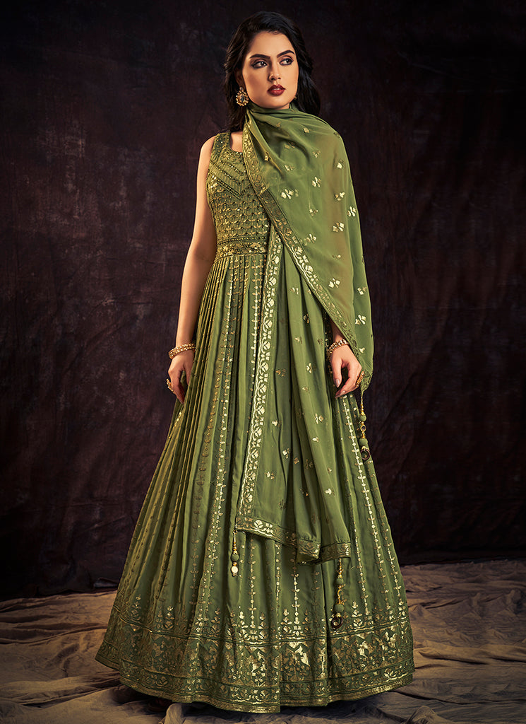 Green Sequence And Mirror Work Embroidery Anarkali Gown In America