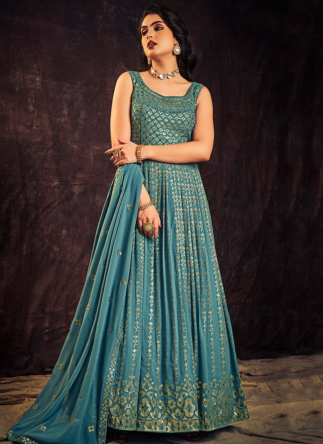 Turquoise Blue Sequence And Mirror Work Embroidery Anarkali Gown