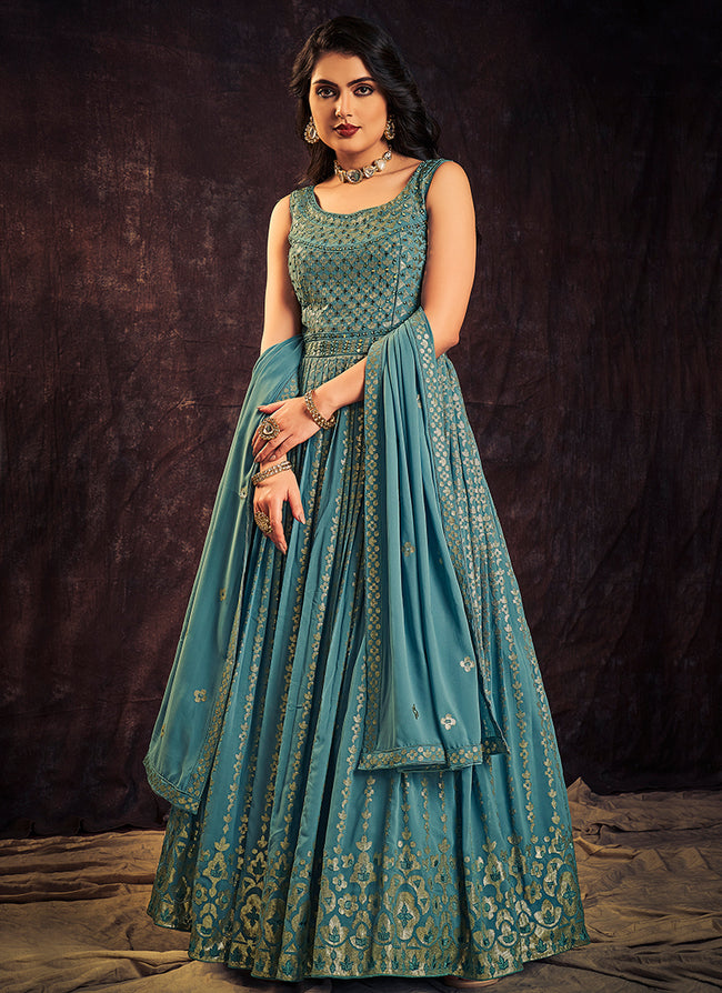 Turquoise Blue Sequence And Mirror Work Embroidery Anarkali Gown In Usa