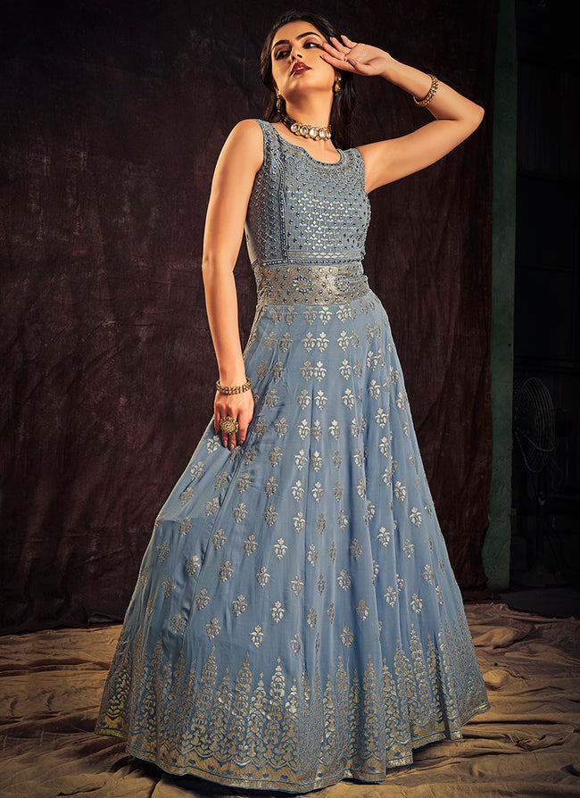 Sky Blue Sequence And Mirror Work Anarkali Gown In Germany
