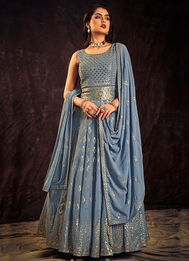 Sky Blue Sequence And Mirror Work Embroidery Anarkali Gown
