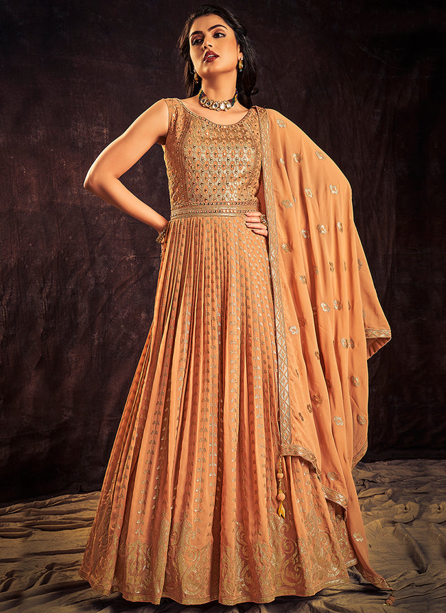 Pastel Orange Sequence And Mirror Work Embroidery Anarkali Gown