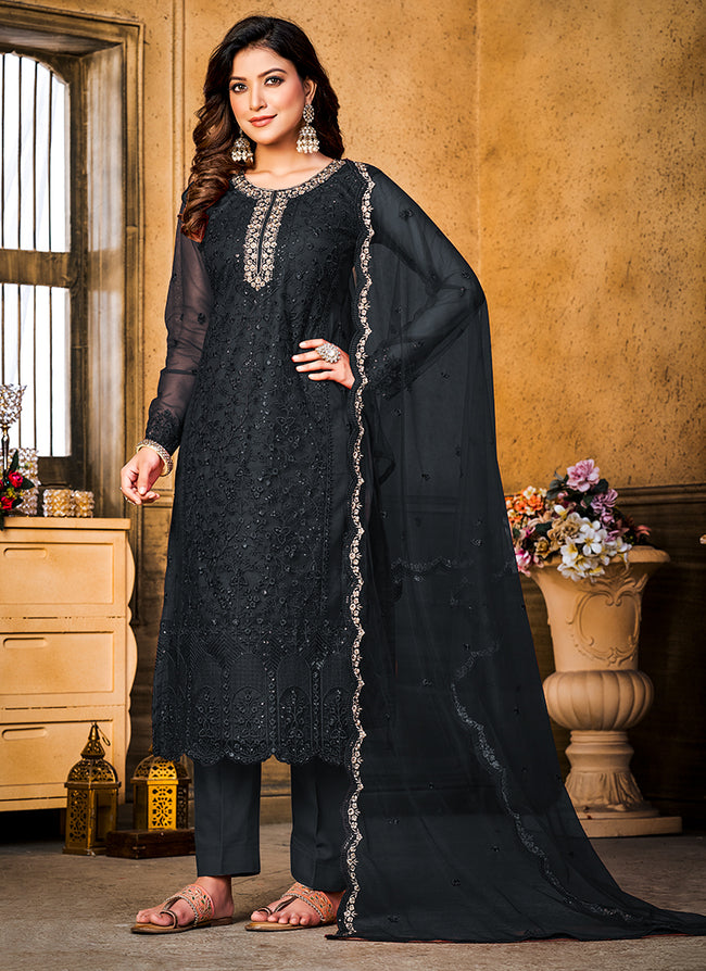 Black Resham Thread And Sequence Embroidery Pant Style Suit