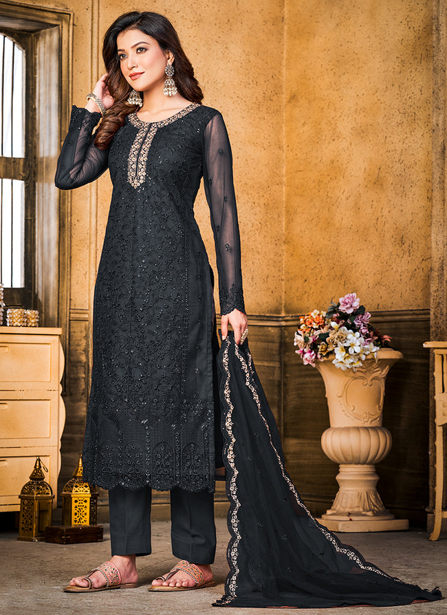 Black Resham Thread And Sequence Embroidery Pant Style Suit In USA