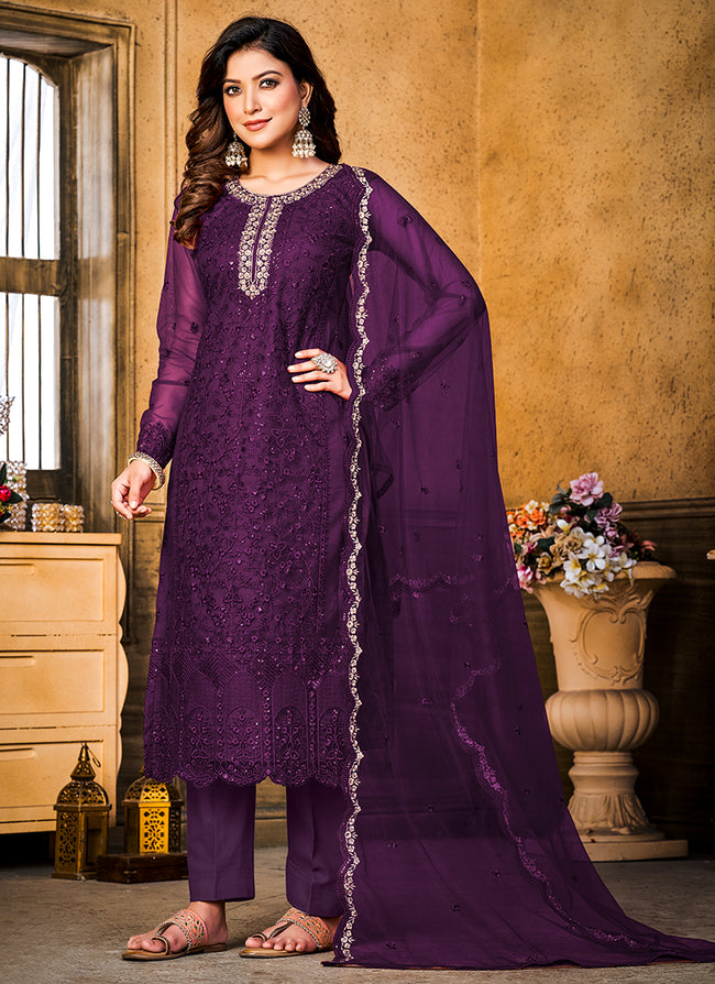 Purple Resham Thread And Sequence Embroidery Pant Style Suit