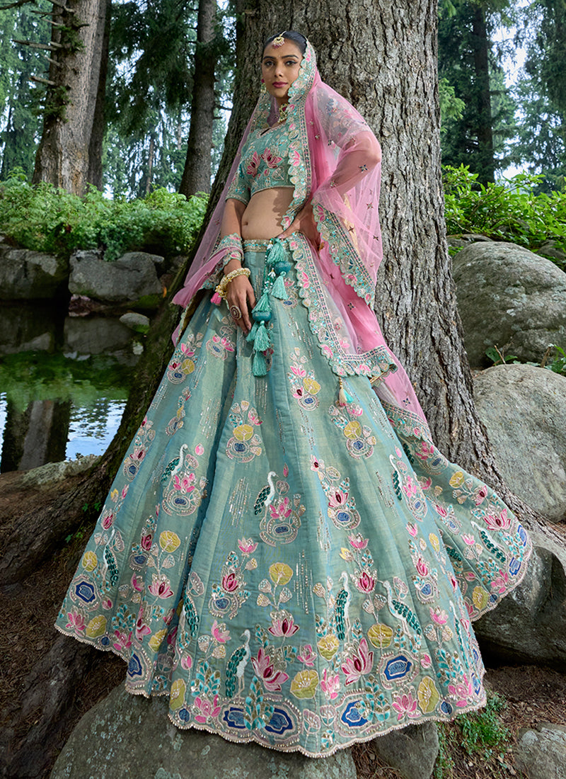 Teal Blue Multi Embroidery Wedding Lehenga Choli