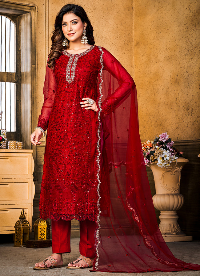 Red Resham Thread And Sequence Embroidery Pant Style Suit
