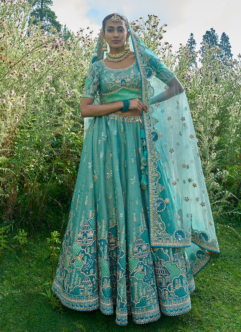 Firozi Blue Multi Embroidery Wedding Lehenga Choli