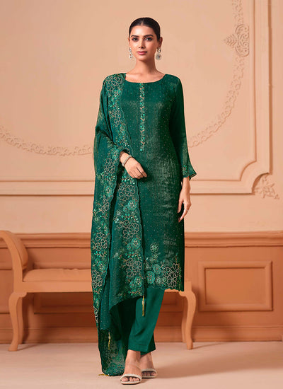Dark Green Floral Embroidery Salwar Kameez Suit