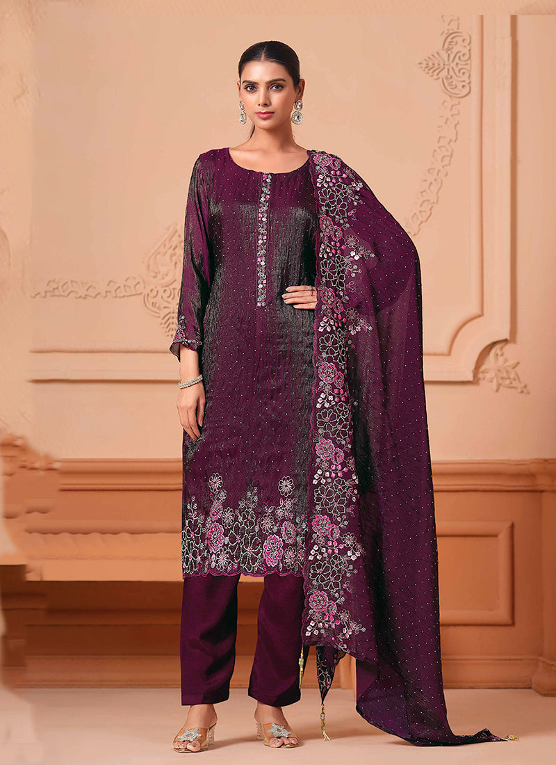 Deep Wine Floral Embroidery Salwar Kameez Suit