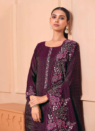Deep Wine Floral Embroidery Salwar Kameez Suit