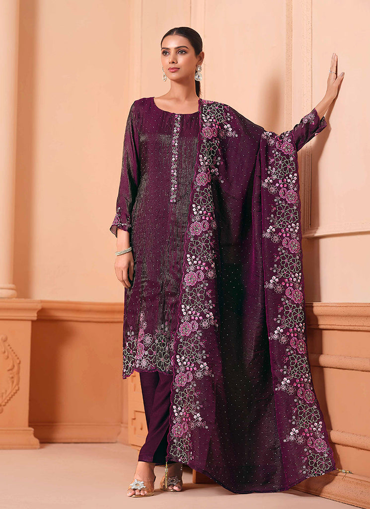Deep Wine Floral Embroidery Salwar Kameez Suit
