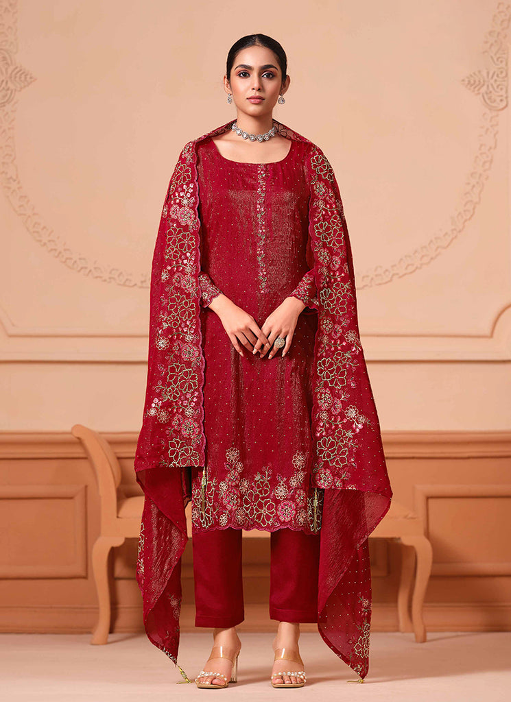 Cherry Red Floral Embroidery Salwar Kameez Suit