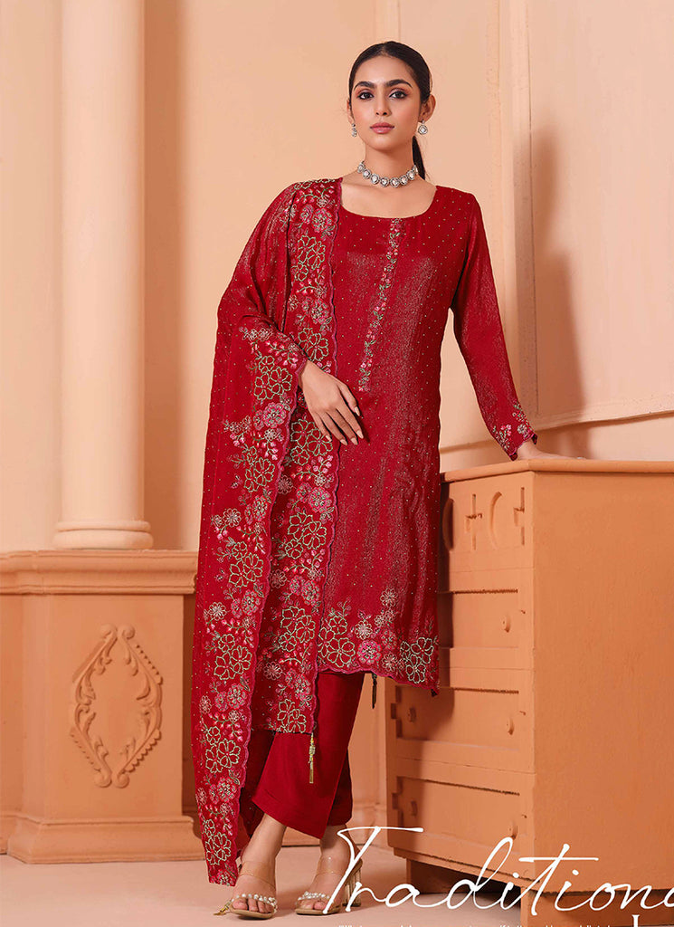 Cherry Red Floral Embroidery Salwar Kameez Suit