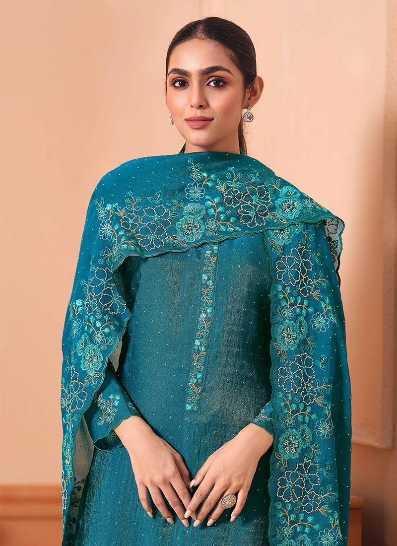 Turquoise Floral Embroidery Salwar Kameez Suit
