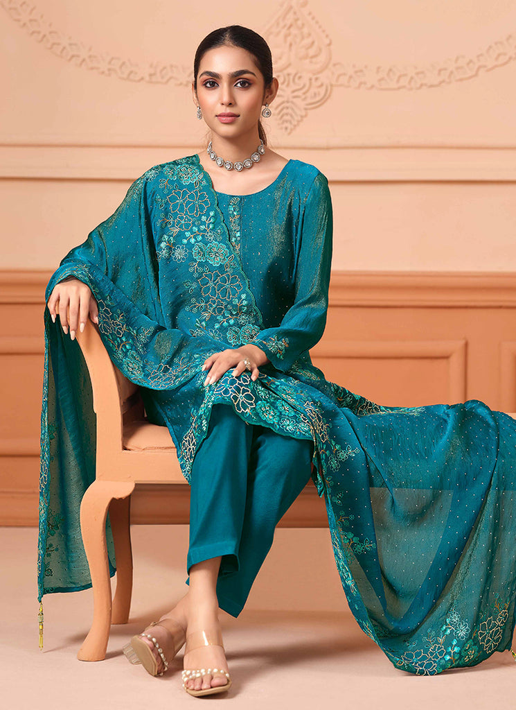 Turquoise Floral Embroidery Salwar Kameez Suit