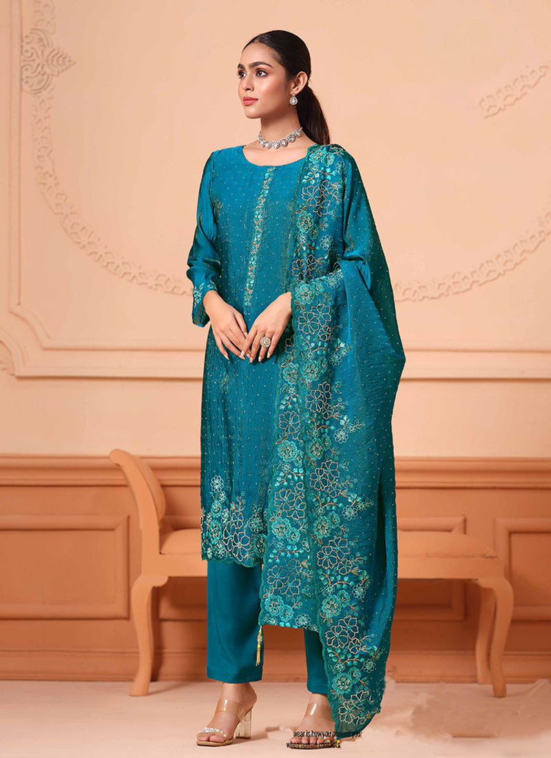 Turquoise Floral Embroidery Salwar Kameez Suit