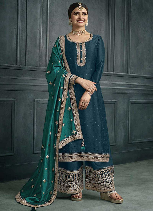 Turquoise And Green Embroidery Festive Palazzo Suit 