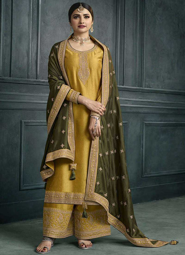 Yellow And Olive Green Embroidery Festive Palazzo Suit