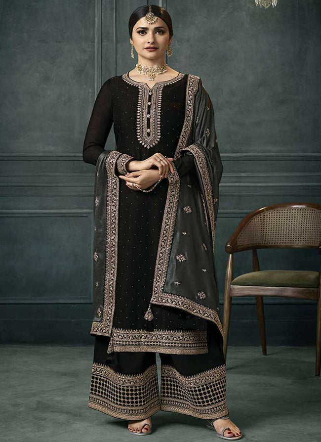 Black And Grey Embroidery Festive Palazzo Suit