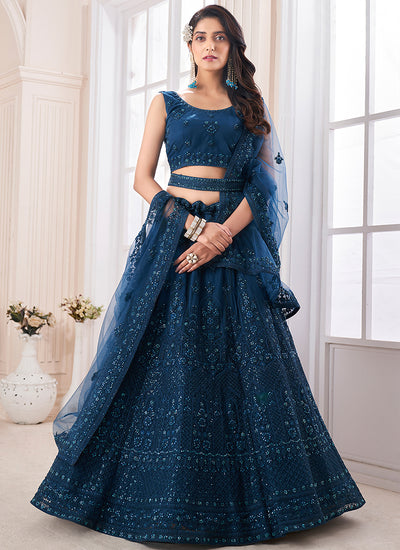 Turquoise Sequence Embroidery Wedding Lehenga Choli With Belt