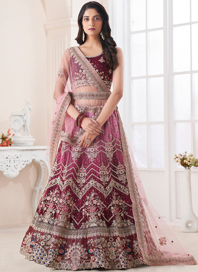 Magenta Ombré Multi Embroidery Wedding Lehenga Choli With Belt