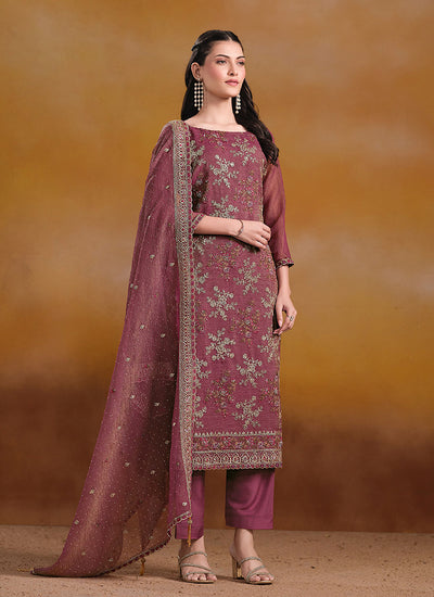 Wine Embroidery Traditional Pant Style Suit