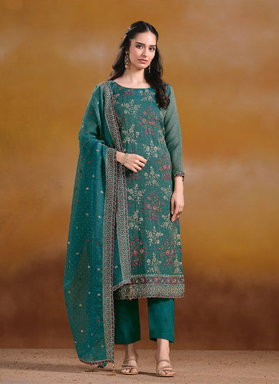 Turquoise Embroidery Traditional Pant Style Suit