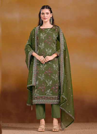 Green Embroidered Traditional Pant Style Suit