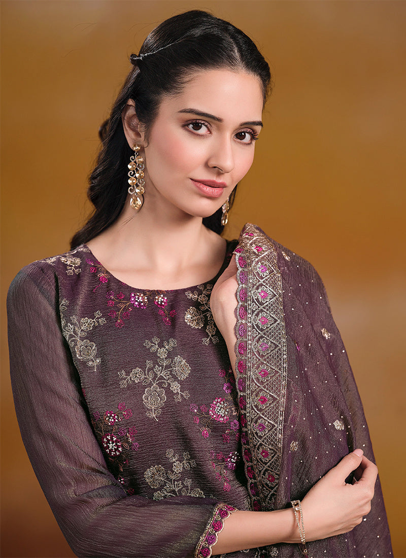 Purple Embroidered Traditional Pant Style Suit