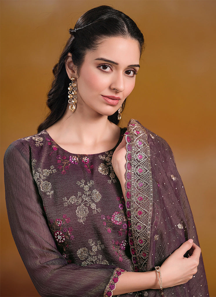 Purple Embroidered Traditional Pant Style Suit