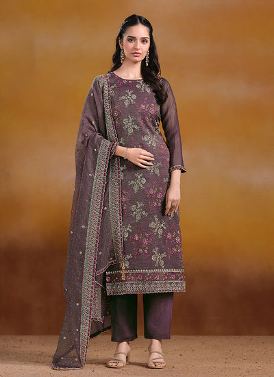 Purple Embroidered Traditional Pant Style Suit