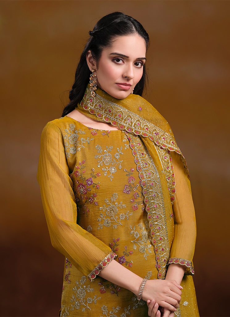 Yellow Embroidered Traditional Pant Style Suit