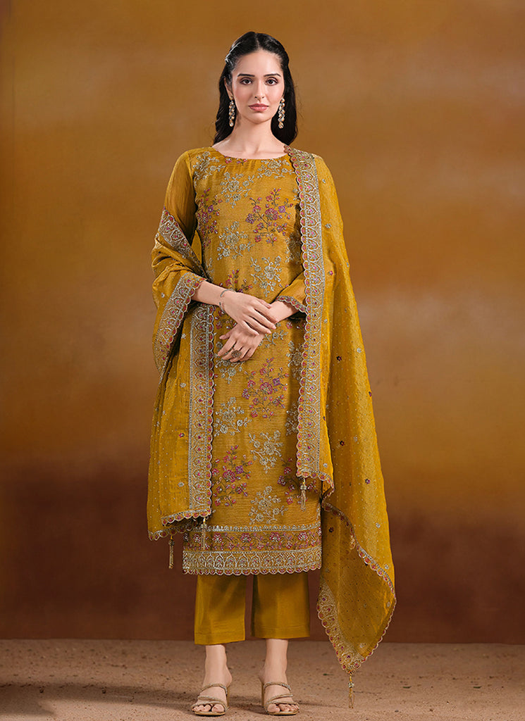 Yellow Embroidered Traditional Pant Style Suit