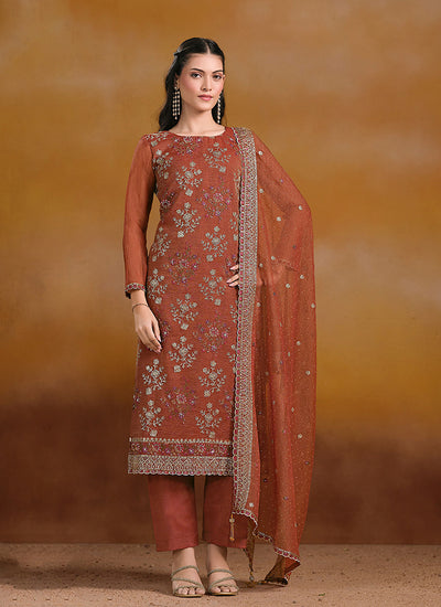 Rust Orange Embroidered Traditional Pant Style Suit