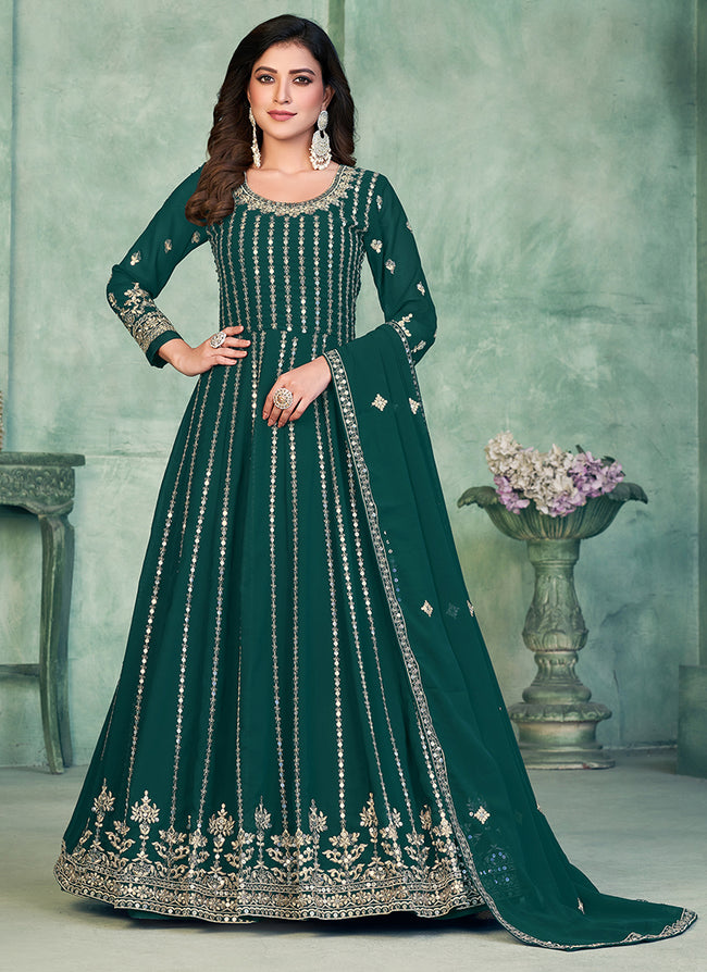 Dark Green Sequence Embroidery Traditional Anarkali Suit