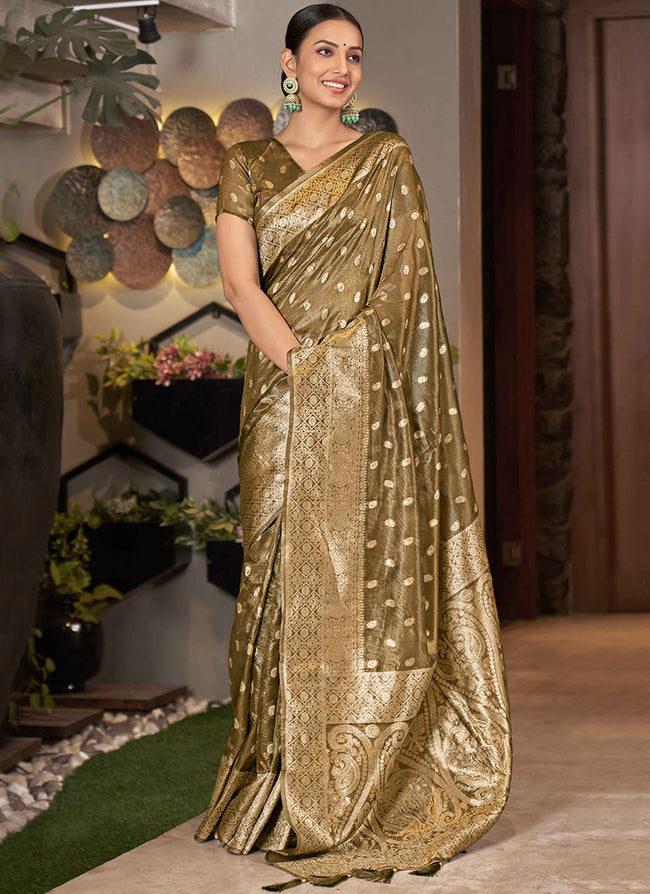 Green Golden Jacquard Silk Festive Saree