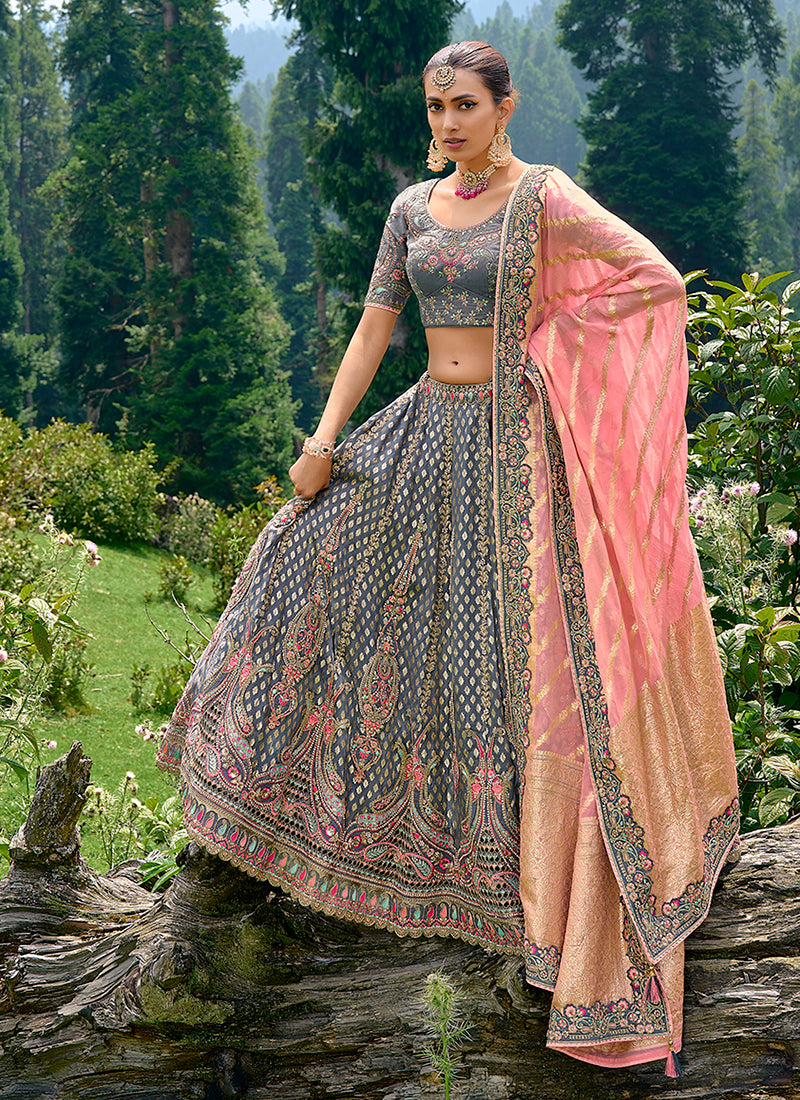 Grey And Pink Embroidery Wedding Lehenga Choli