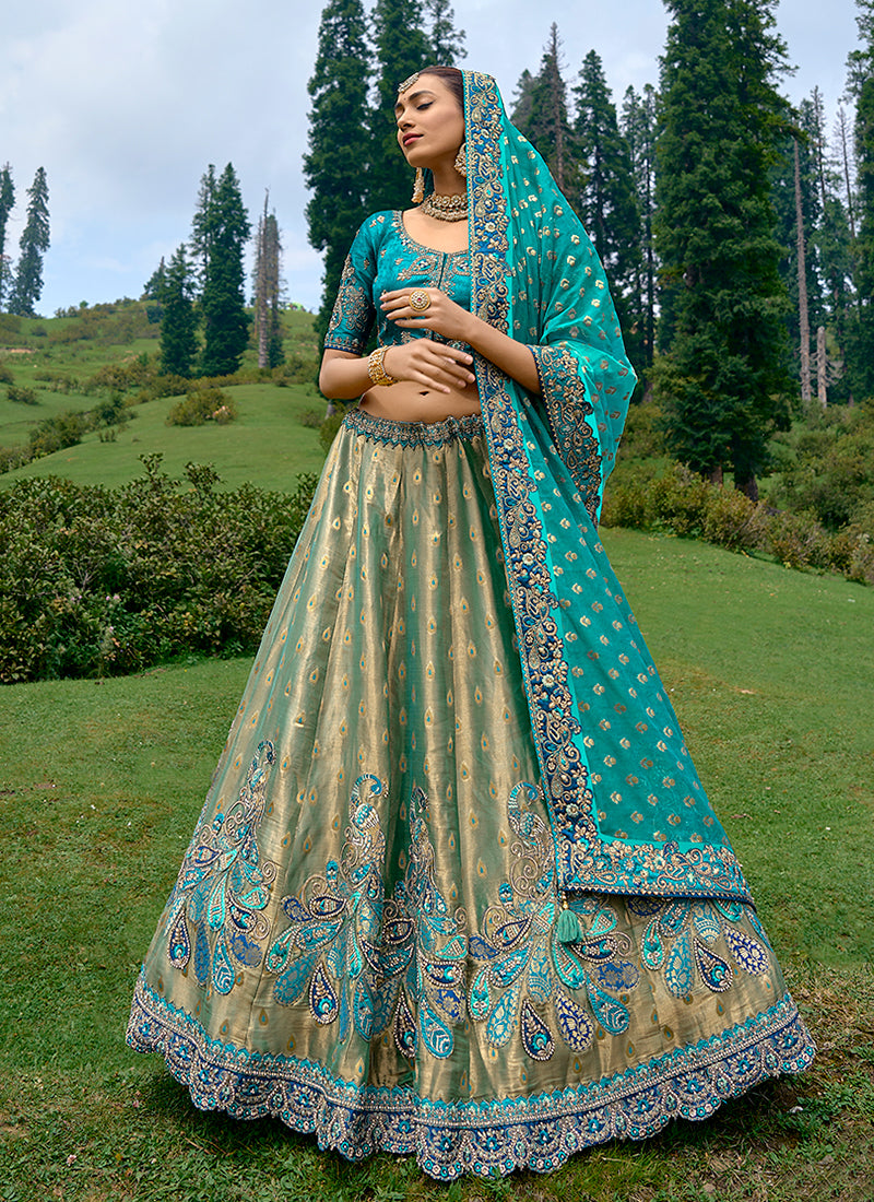 Teal Blue Golden Embroidery Wedding Lehenga Choli