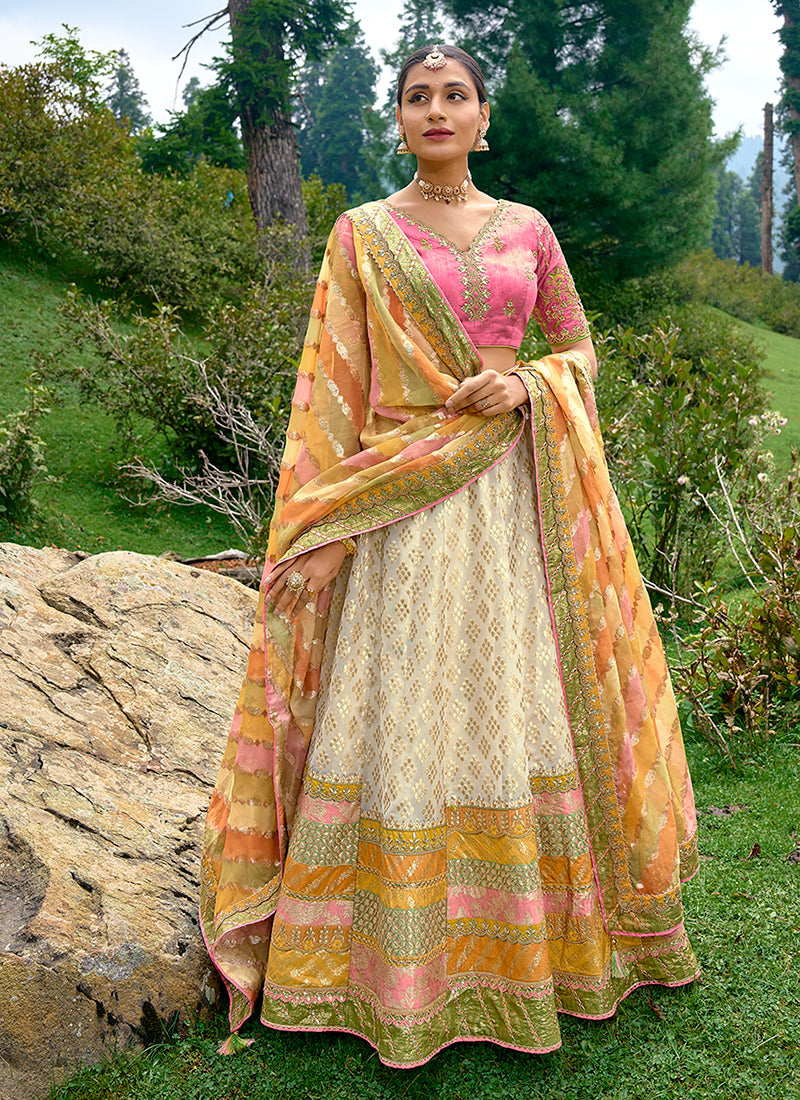 Off White Multicolored Embroidery Wedding Lehenga Choli